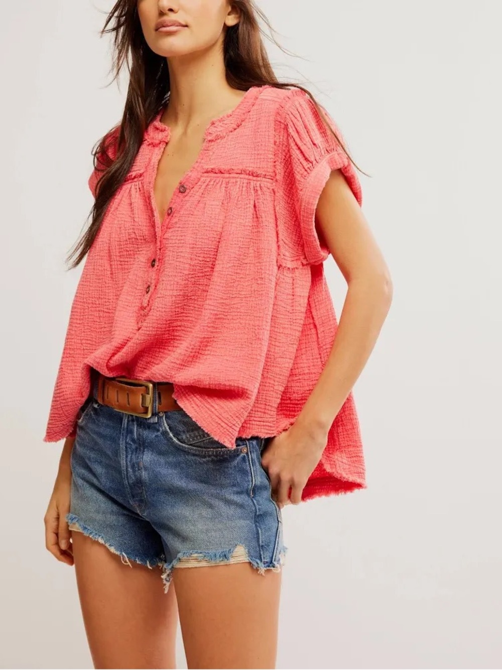Free People We The Free Horizons Double Cloth Top in Coral Paradise
